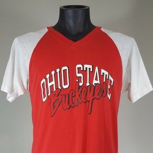 Vintage 80s OHIO STATE Buckeyes Champion T-Shirt XL Red Raglan Mesh Sleeves